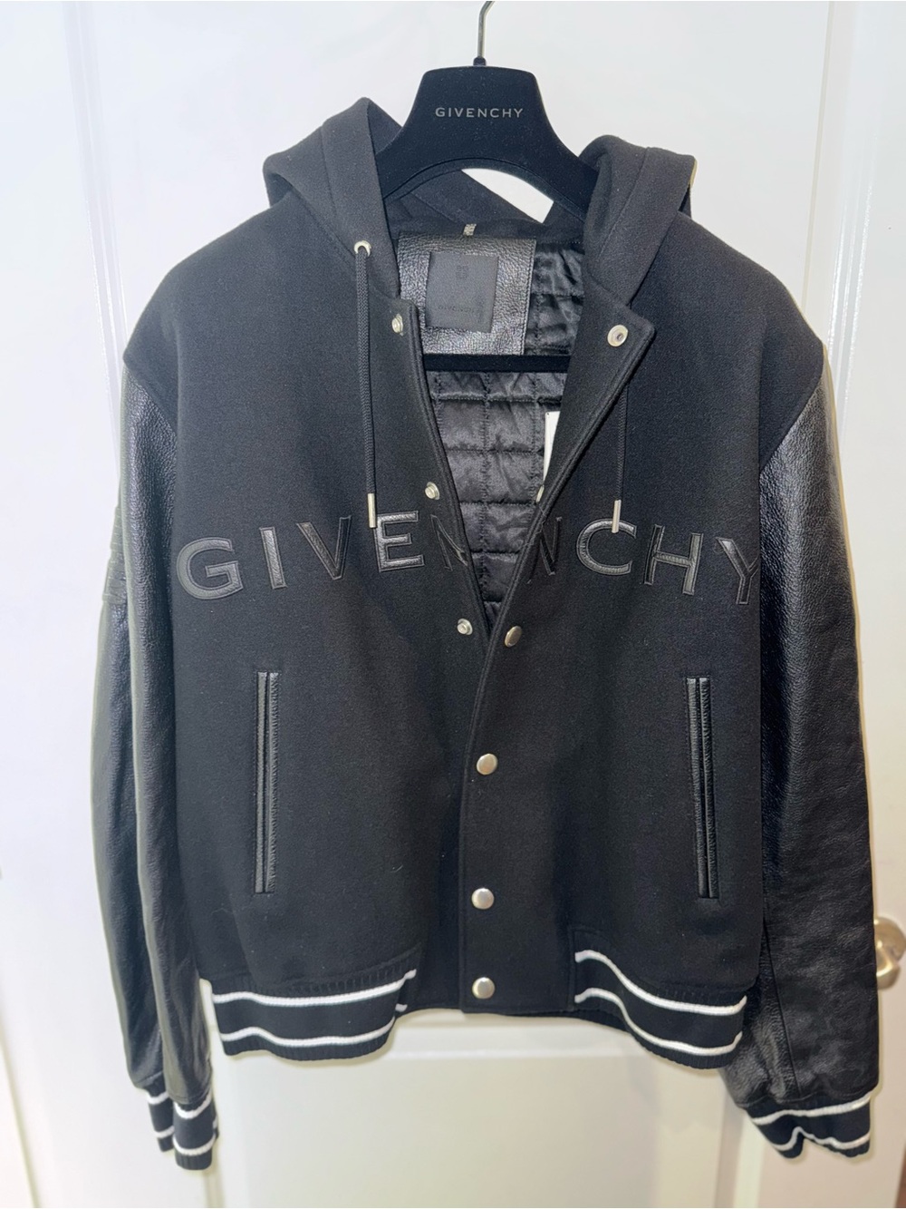 Brand New, Givenchy Black Hooded Varsity Jacket with Leather Sleeves with tags.